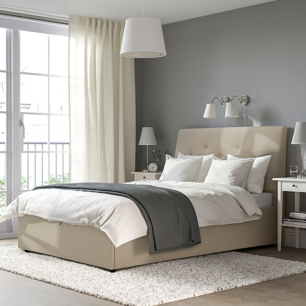 IDANÄS - Upholstered bed with storage, Naggen beige,140x200 cm