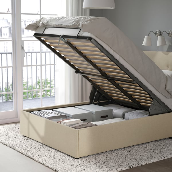 IDANÄS upholstered ottoman bed, Naggen beige, 140x200 cm