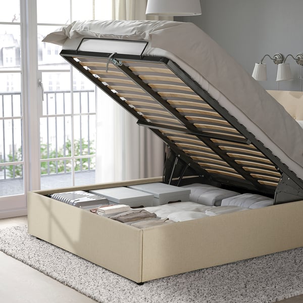 IDANÄS - Upholstered bed with storage, Naggen beige,160x200 cm