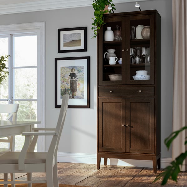 IDANÄS high cabinet w gls-drs and 1 drawer, dark brown stained, 81x39x211 cm