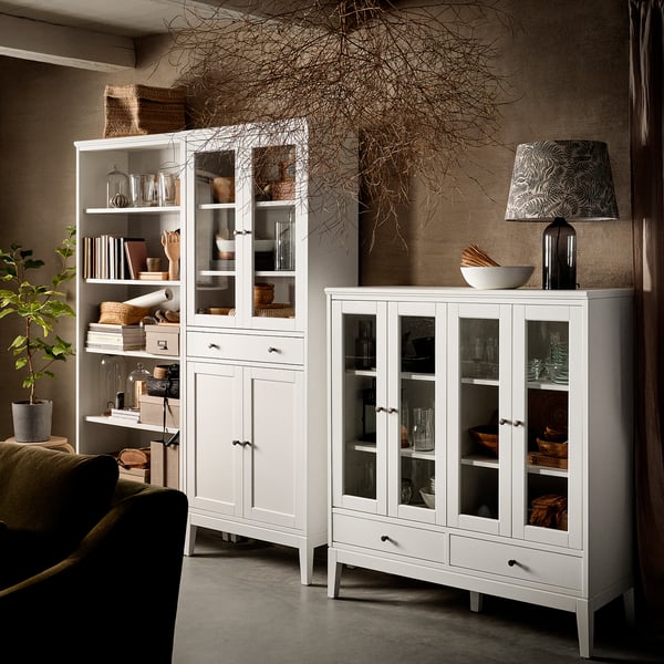 IDANÄS cabinet with bi-folded glass doors, white, 121x50x135 cm