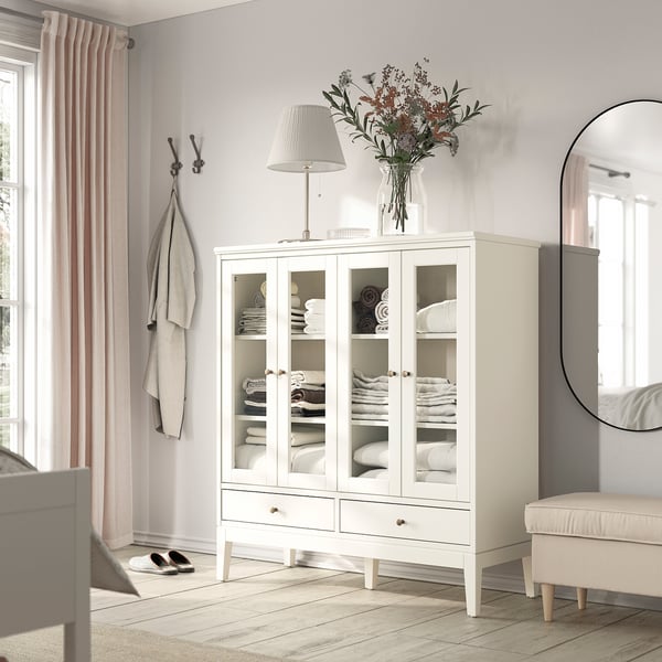 IDANÄS cabinet with bi-folded glass doors, white, 121x50x135 cm