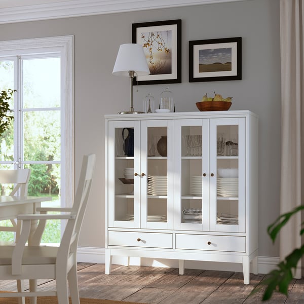 IDANÄS cabinet with bi-folded glass doors, white, 121x50x135 cm