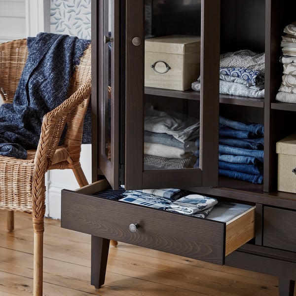 IDANÄS cabinet with bi-folded glass doors, dark brown stained, 121x50x135 cm