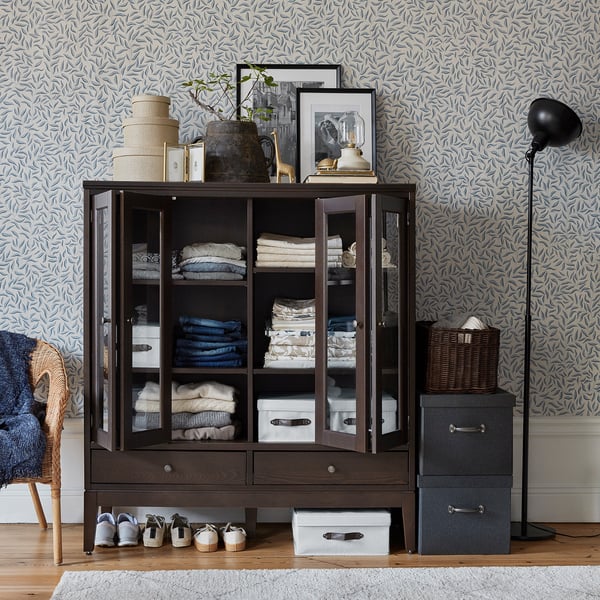 IDANÄS cabinet with bi-folded glass doors, dark brown stained, 121x50x135 cm