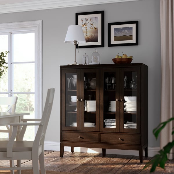 IDANÄS cabinet with bi-folded glass doors, dark brown stained, 121x50x135 cm