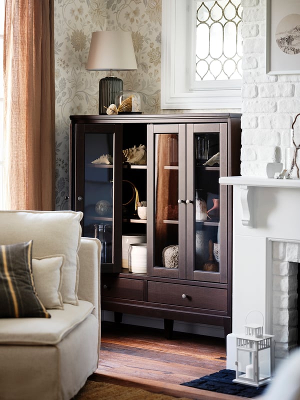 IDANÄS cabinet with bi-folded glass doors, dark brown stained, 121x50x135 cm