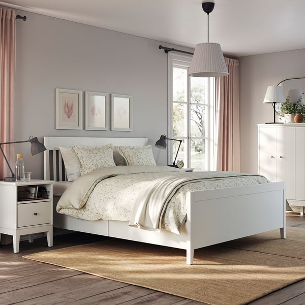 IDANÄS bed frame with storage, white/Lindbåden, 140x200 cm
