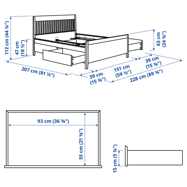 IDANÄS bed frame with storage, white/Lindbåden, 140x200 cm