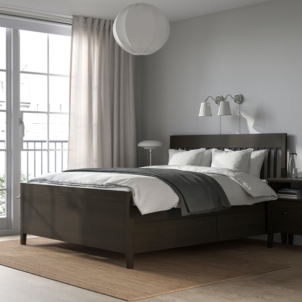 IDANÄS Bed frame with drawers, dark brown/Lindbåden, 140x200 cm