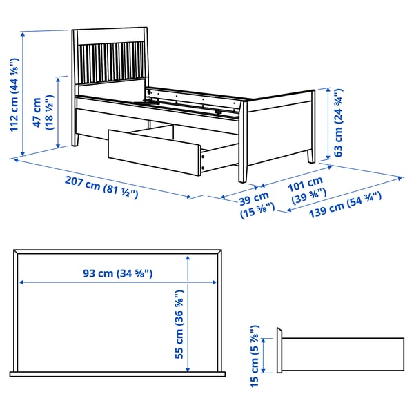 IDANÄS bed frame with storage, dark brown/Lindbåden, 90x200 cm