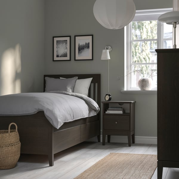 IDANÄS bed frame with storage, dark brown/Lindbåden, 90x200 cm
