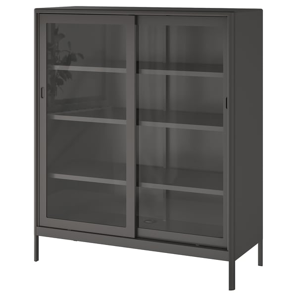 IDÅSEN cabinet with sliding glass doors, dark grey, 120x140 cm