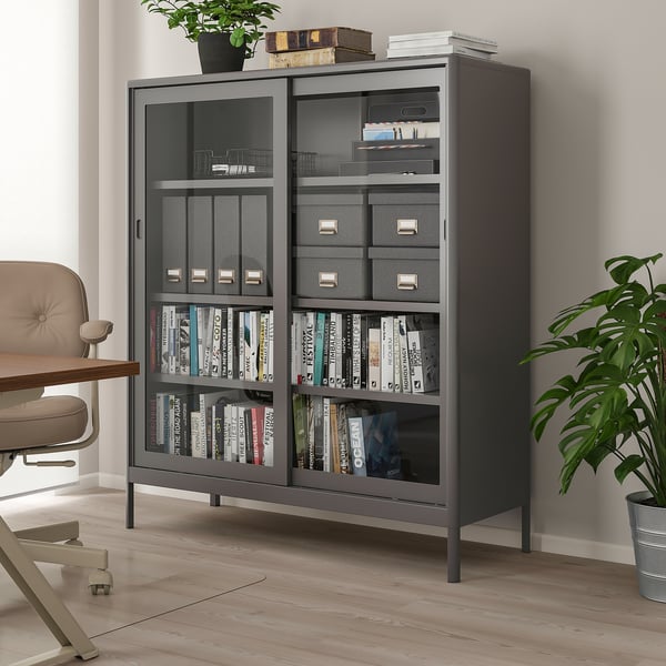 IDÅSEN cabinet with sliding glass doors, dark grey, 120x140 cm