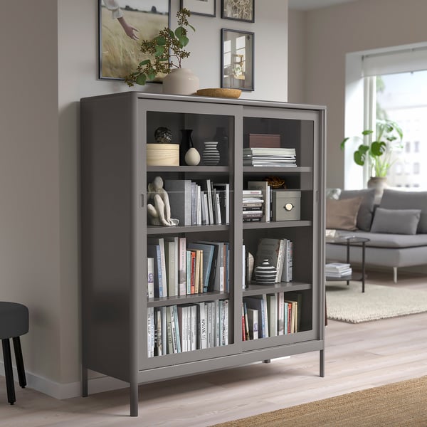 IDÅSEN cabinet with sliding glass doors, dark grey, 120x140 cm