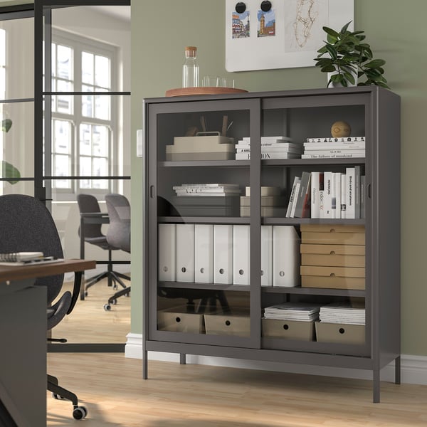 IDÅSEN cabinet with sliding glass doors, dark grey, 120x140 cm