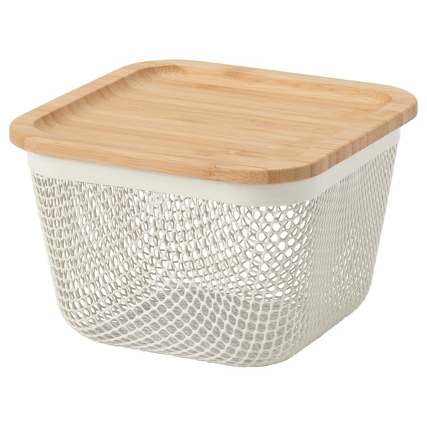 IKEA 365+ food storage basket with lid, square metal/white bamboo, 15x15x11 cm
