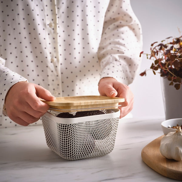 IKEA 365+ food storage basket with lid, square metal/white bamboo, 15x15x11 cm