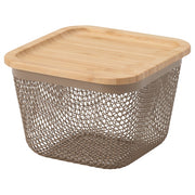 IKEA 365+ food storage basket with lid, square metal/light grey-brown bamboo, 15x15x11 cm