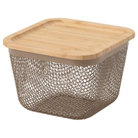 IKEA 365+ food storage basket with lid, square metal/light grey-brown bamboo, 15x15x11 cm