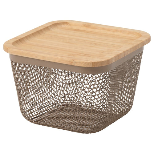 IKEA 365+ - Food storage basket with lid, square metal/light grey-brown bamboo, 15x15x11 cm