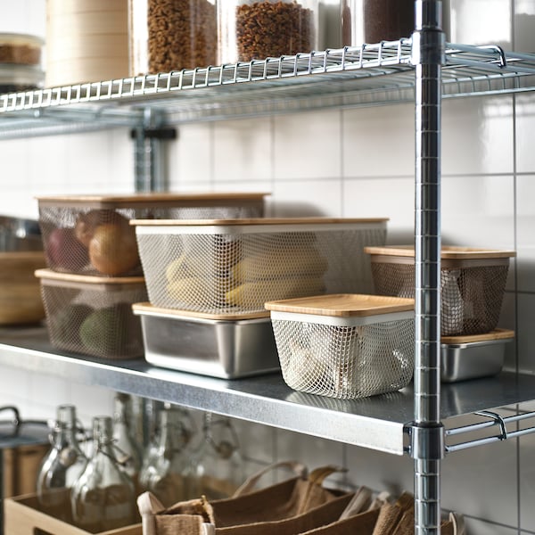 IKEA 365+ food storage basket with lid, square metal/light grey-brown bamboo, 15x15x11 cm