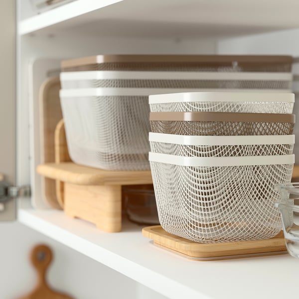 IKEA 365+ food storage basket with lid, square metal/light grey-brown bamboo, 15x15x11 cm