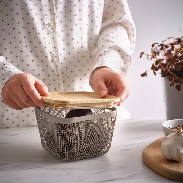 IKEA 365+ food storage basket with lid, square metal/light grey-brown bamboo, 15x15x11 cm