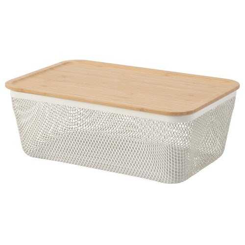 IKEA 365+ - Food storage basket with lid, rectangular metal/white bamboo, 32x21x13 cm
