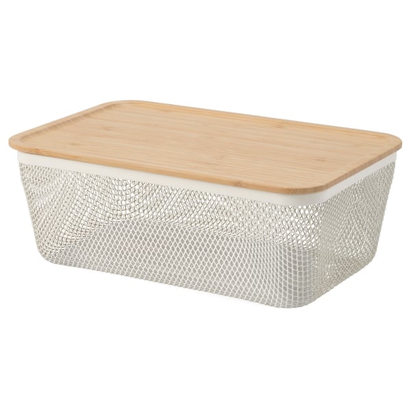 IKEA 365+ food storage basket with lid, rectangular metal/white bamboo, 32x21x13 cm