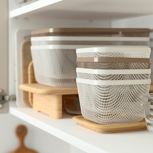 IKEA 365+ food storage basket with lid, rectangular metal/white bamboo, 32x21x13 cm