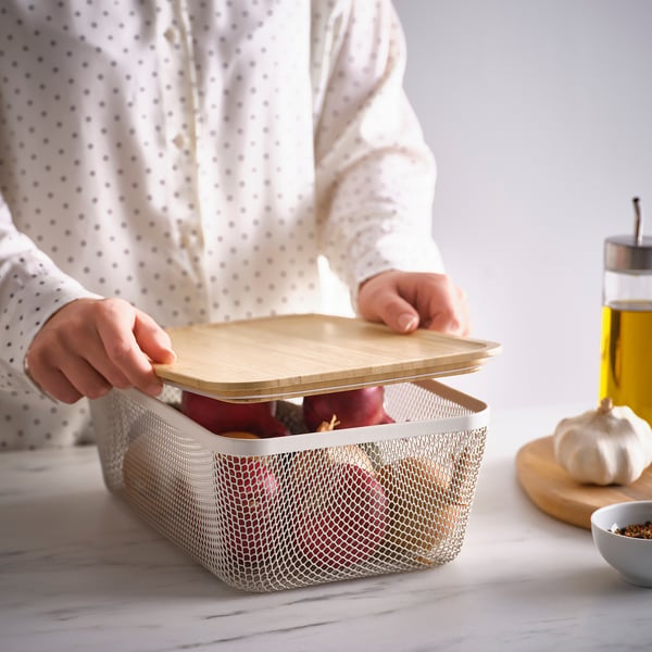 IKEA 365+ food storage basket with lid, rectangular metal/white bamboo, 32x21x13 cm
