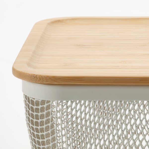 IKEA 365+ food storage basket with lid, rectangular metal/white bamboo, 32x21x13 cm