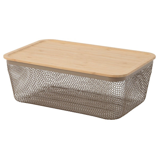 IKEA 365+ - Food storage basket with lid, rectangular metal/light grey-brown bamboo, 32x21x13 cm