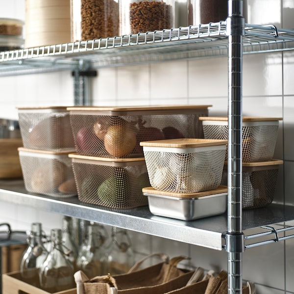 IKEA 365+ - Food storage basket with lid, rectangular metal/light grey-brown bamboo, 32x21x13 cm