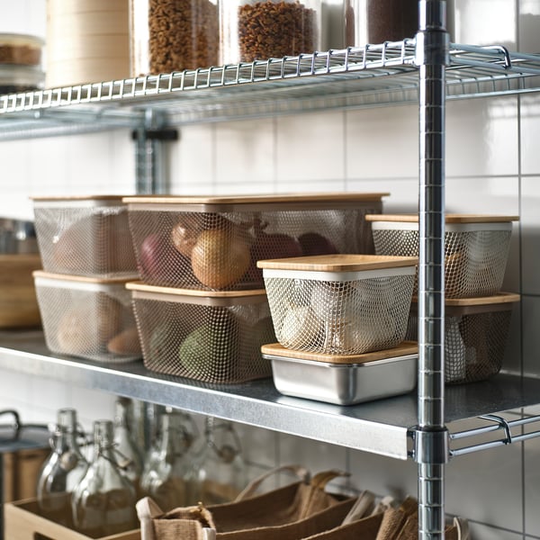 IKEA 365+ food storage basket with lid, rectangular metal/light grey-brown bamboo, 32x21x13 cm