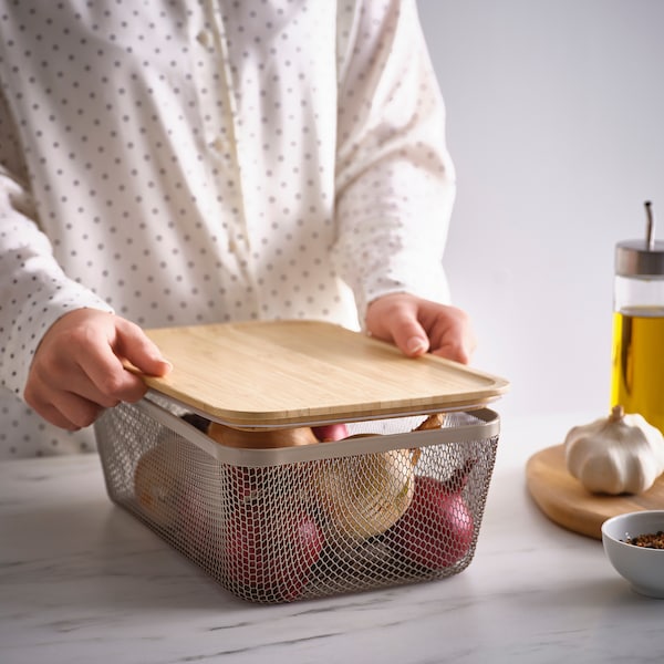 IKEA 365+ - Food storage basket with lid, rectangular metal/light grey-brown bamboo, 32x21x13 cm
