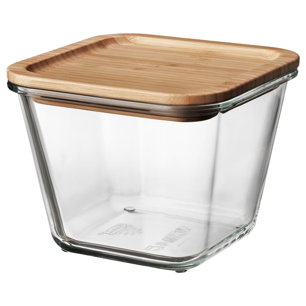 IKEA 365+ food container with lid, square glass/bamboo, 1.2 l