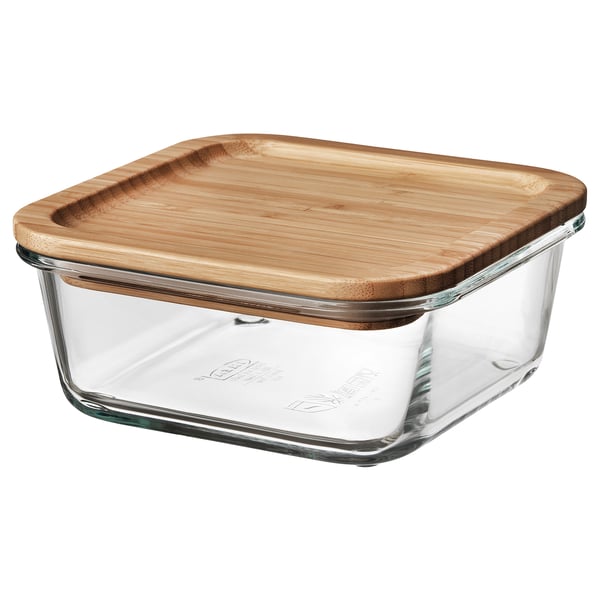 IKEA 365+ food container with lid, square glass/bamboo, 600 ml