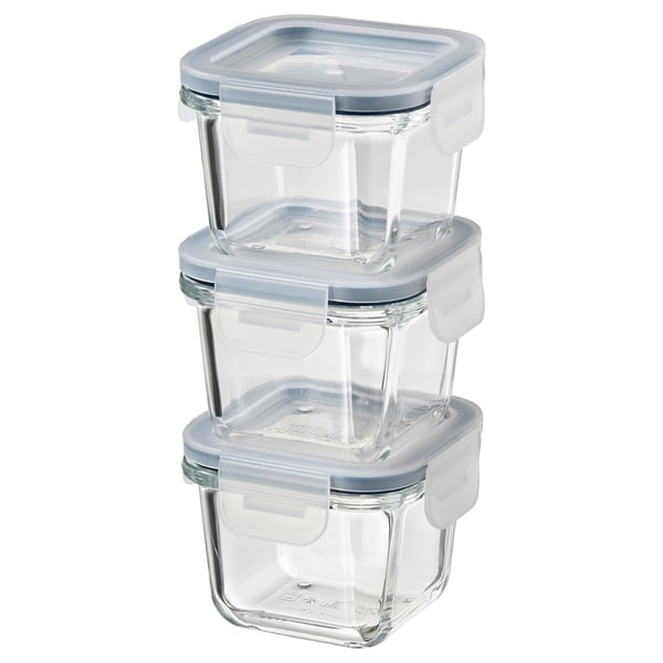 IKEA 365+ food container with lid, square/glass, 8.5x8.5 cm, 3 pack