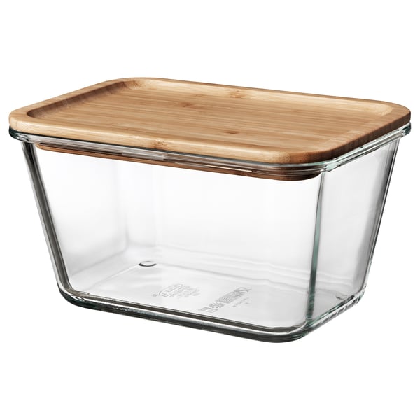 IKEA 365+ food container with lid, rectangular glass/bamboo, 1.8 l
