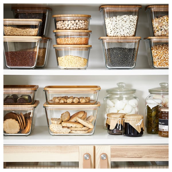IKEA 365+ food container with lid, rectangular glass/bamboo, 1.8 l