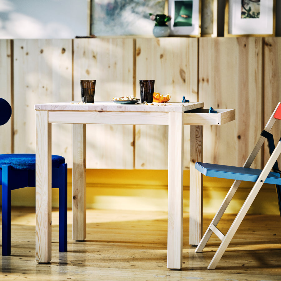 IKEA PS 2026 table with drawer, pine clear lacquered, 70x70 cm