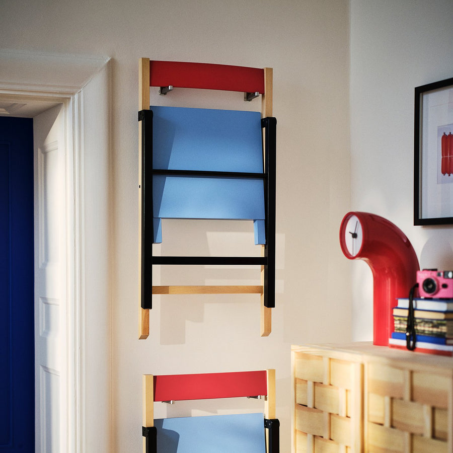 IKEA PS 2026 table and 2 folding chairs, pine/blue/black red, 70x70 cm
