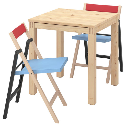 IKEA PS 2026 table and 2 folding chairs, pine/blue/black red, 70x70 cm