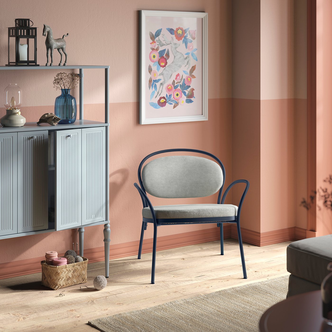ISMANTORP armchair, metal black-blue/Tibbleby beige-grey, 72x71x66 cm