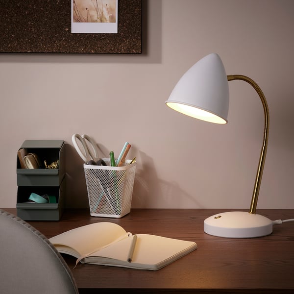 ISNÅLEN - LED work lamp, white / brass colour ,