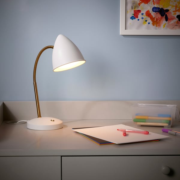 ISNÅLEN - LED work lamp, white / brass colour ,