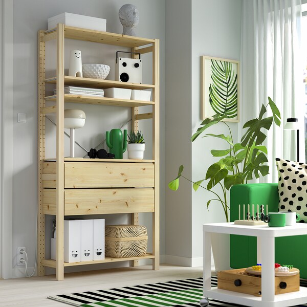 IVAR - 1 section, pine/with 5 shelves with 2 drawers, 89x30x179 cm