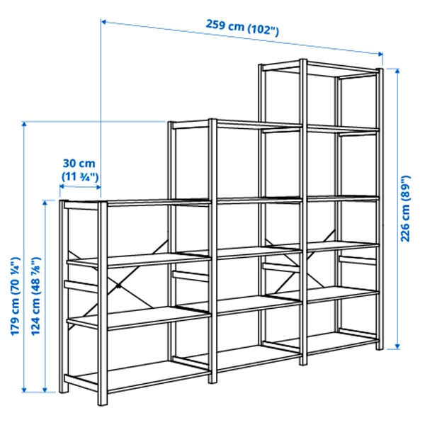 IVAR 3 sections/shelves, pine, 259x30x226 cm